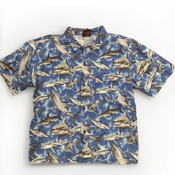 Vintage High Seas Youth Boys XL Camp Shirt Button Down Shark Ocean Vacation - Picture 1 of 8